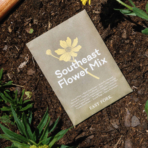 Southeast flower mix seed packet with yellow flower illustration on dirt with greenery around.