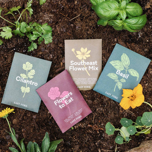 Collection of East Fork seed packets labeled Cilantro, Flowers to Eat, Southeast Flower Mix, and Basil outside in dirt.