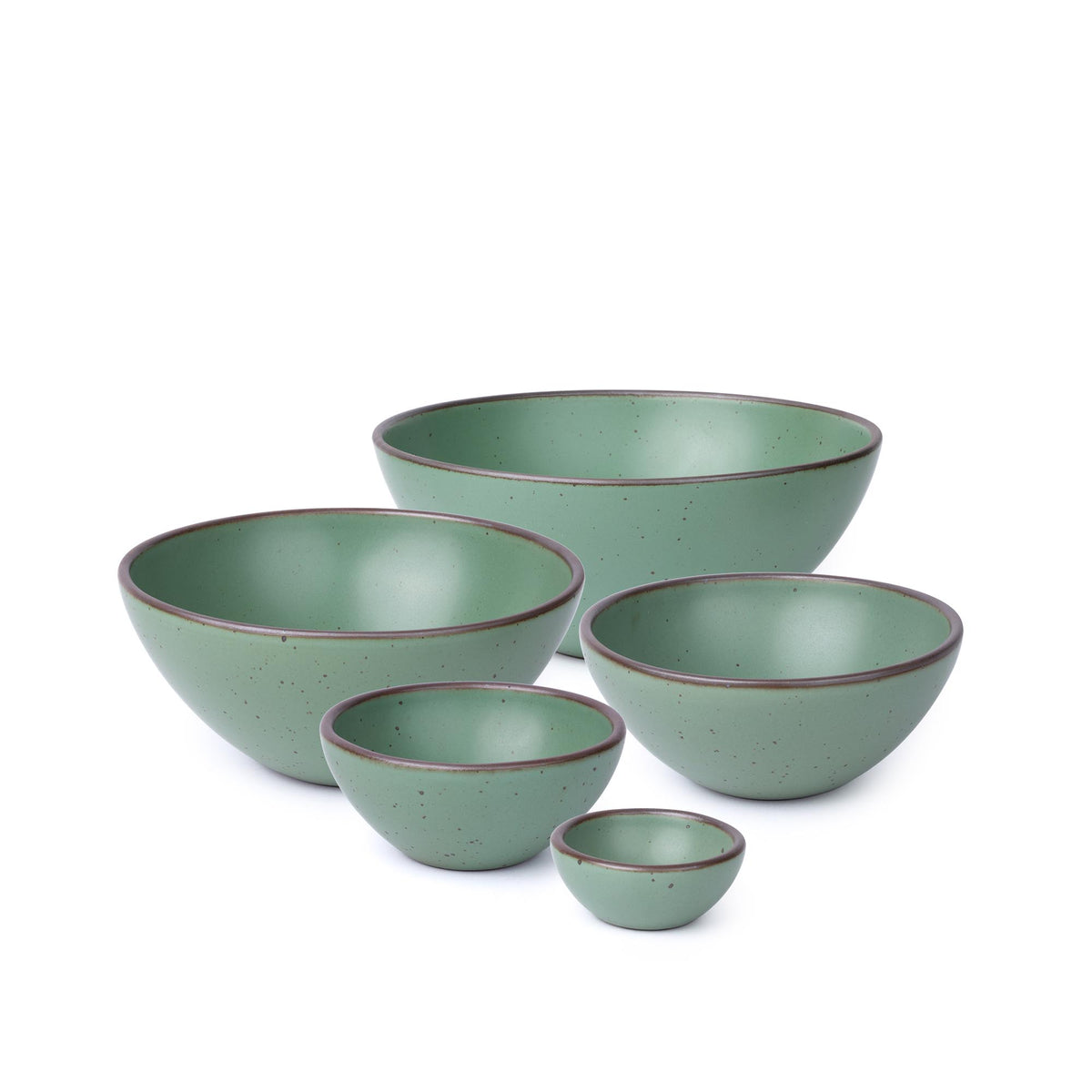 Set of five green nesting bowls with a speckled finish, displayed in descending size order against a white background.