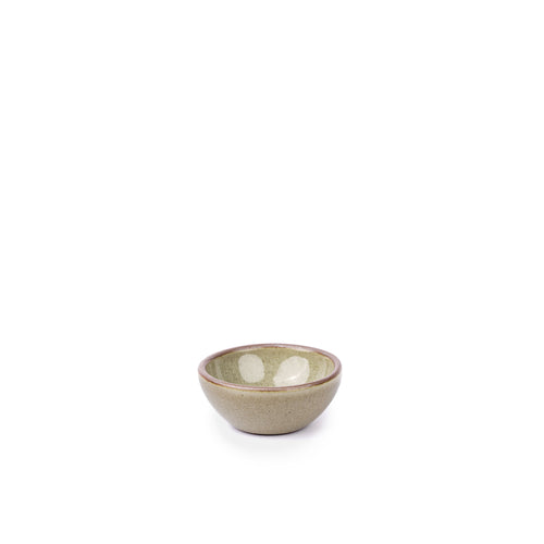 A tiny rounded ceramic bowl in a reflective icy dappled grey-green color featuring an unglazed rim