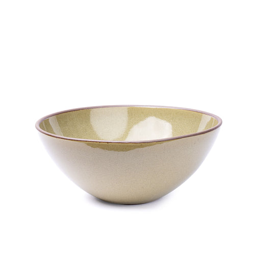 A large ceramic mixing bowl in a reflective dappled grey-green color featuring an unglazed rim