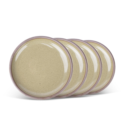 A stack of 4 medium sized ceramic plates in a reflective dappled grey-green color featuring iron speckles and an unglazed rim.