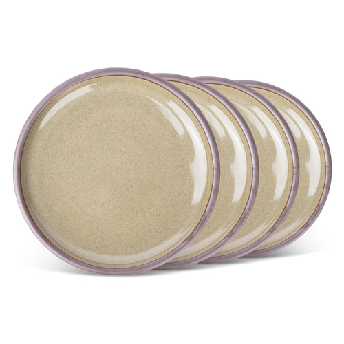 A stack of 4 dinner sized ceramic plates in a reflective dappled grey-green color featuring an unglazed rim