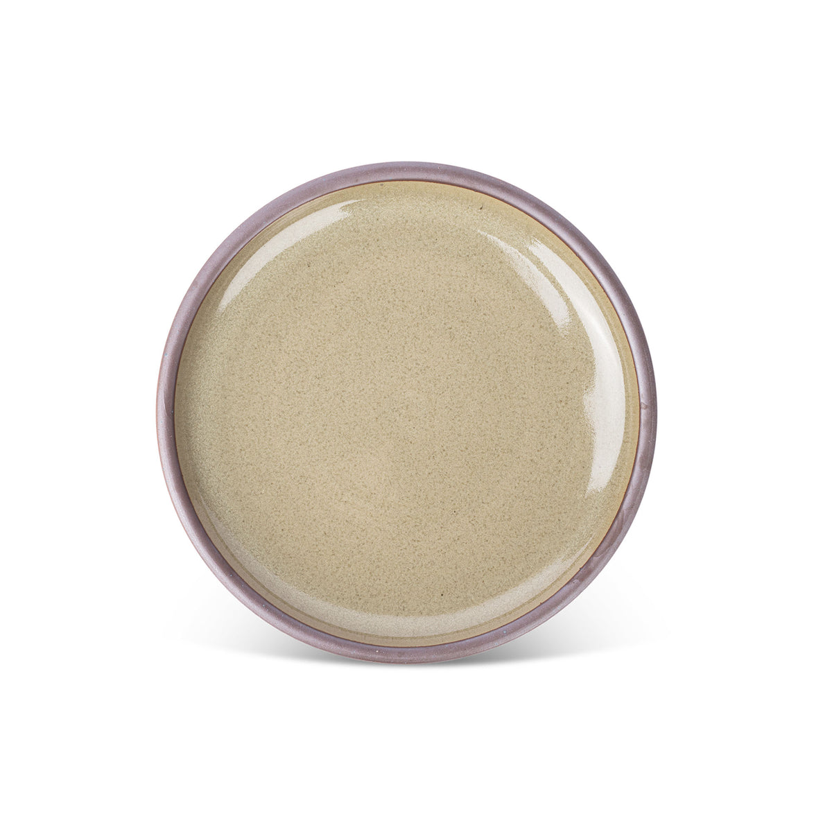 A dinner sized ceramic plate in a reflective dappled grey-green color featuring an unglazed rim