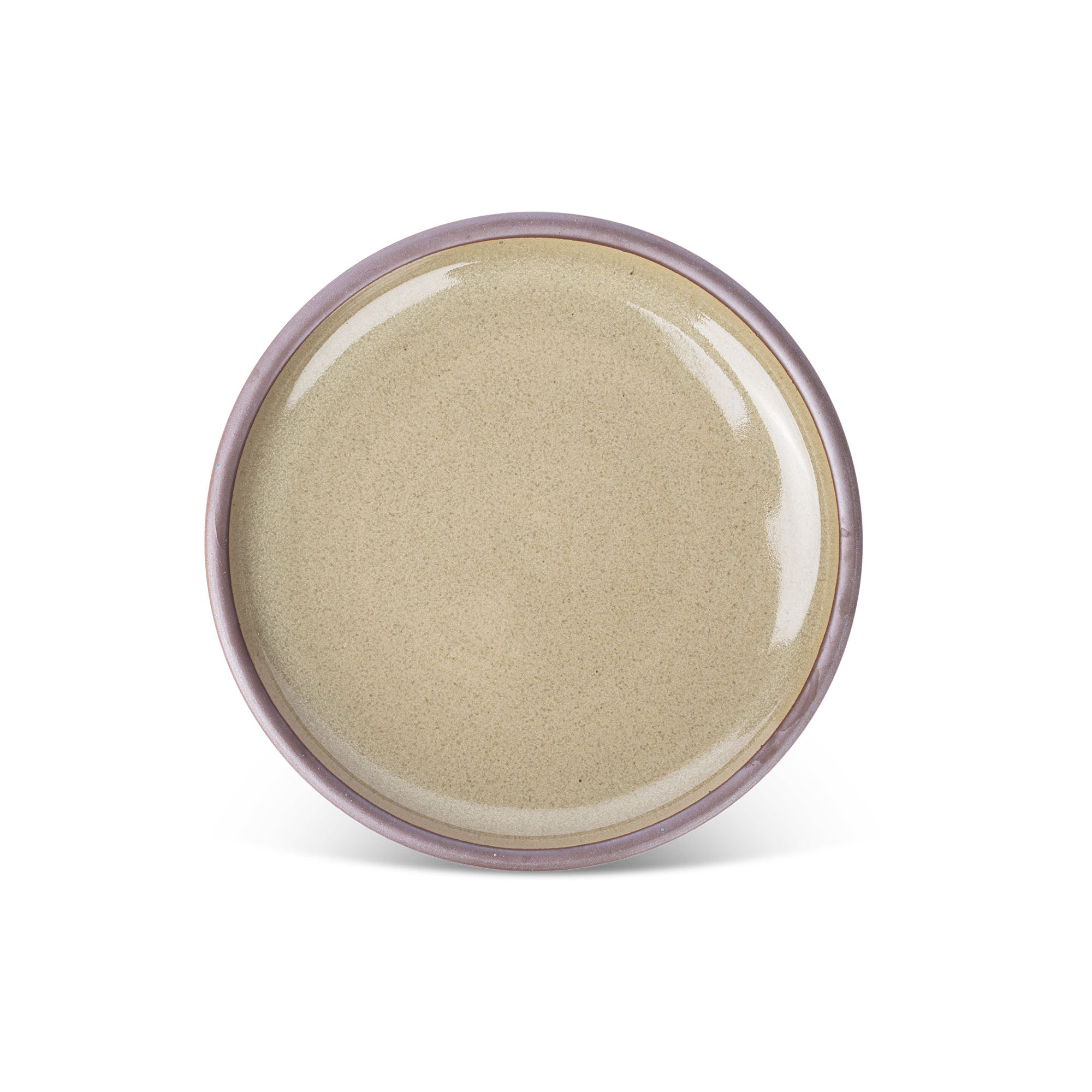 A dinner sized ceramic plate in a reflective dappled grey-green color featuring an unglazed rim