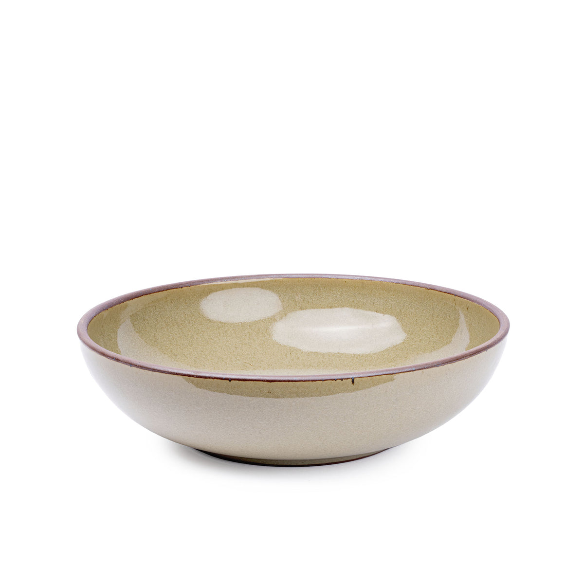 A large shallow serving ceramic bowl in a reflective dappled grey-green color featuring an unglazed rim