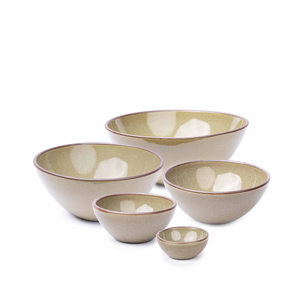 A bitty bowl, ice cream bowl, soup bowl, popcorn bowl, and mixing bowl in a reflective dappled grey-green color featuring unglazed rims