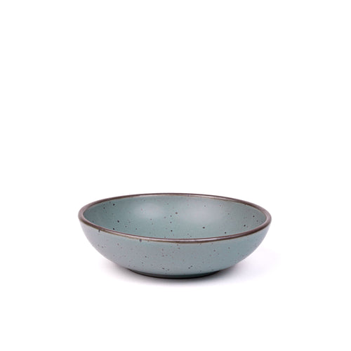 A dinner-sized shallow ceramic bowl in a blue-grey color featuring iron speckles and an unglazed rim