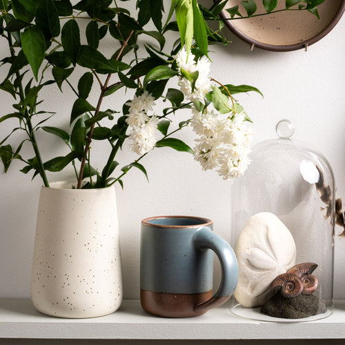 Speckled white vase with greenery, a blue-grey mug, and seashells under a glass cloche on a shelf.