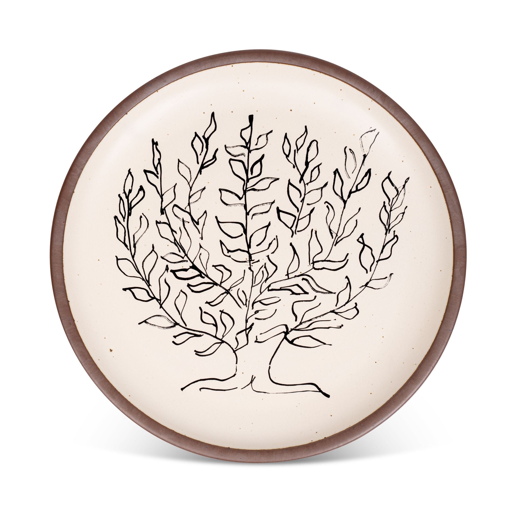 A large serving platter in a warm off-white color with unglazed rim with a black decal of the artwork, Le Platane, from Henri Matisse.