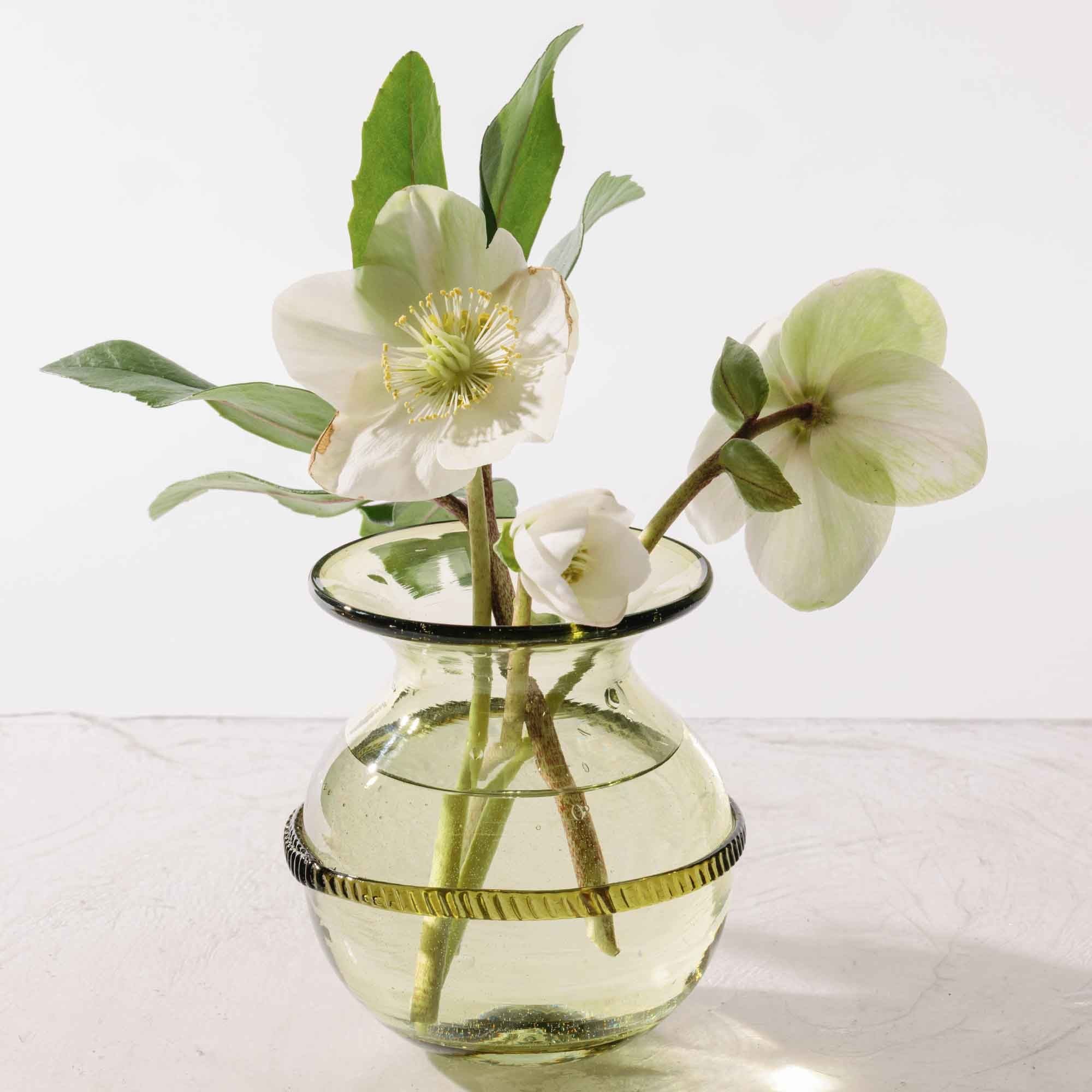 Small light green glass vase with a rounded body, flared rim, and decorative band around the center, with a few flower stems.