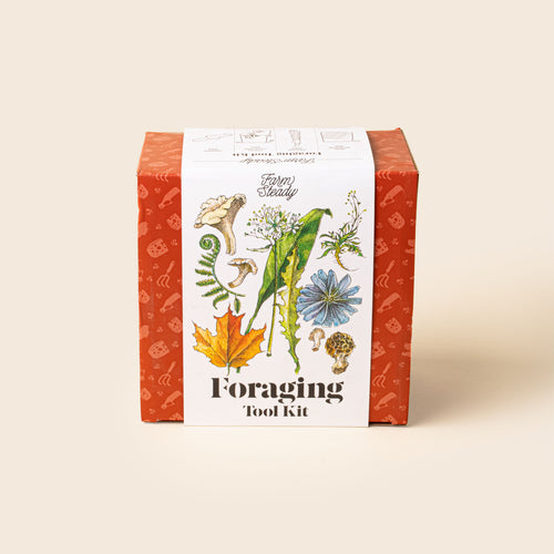 The FarmSteady Foraging Tool Kit — packaged in a rust-orange box with illustrated flora and fungi (ferns, mushrooms, leaves, and wildflowers) on the label.