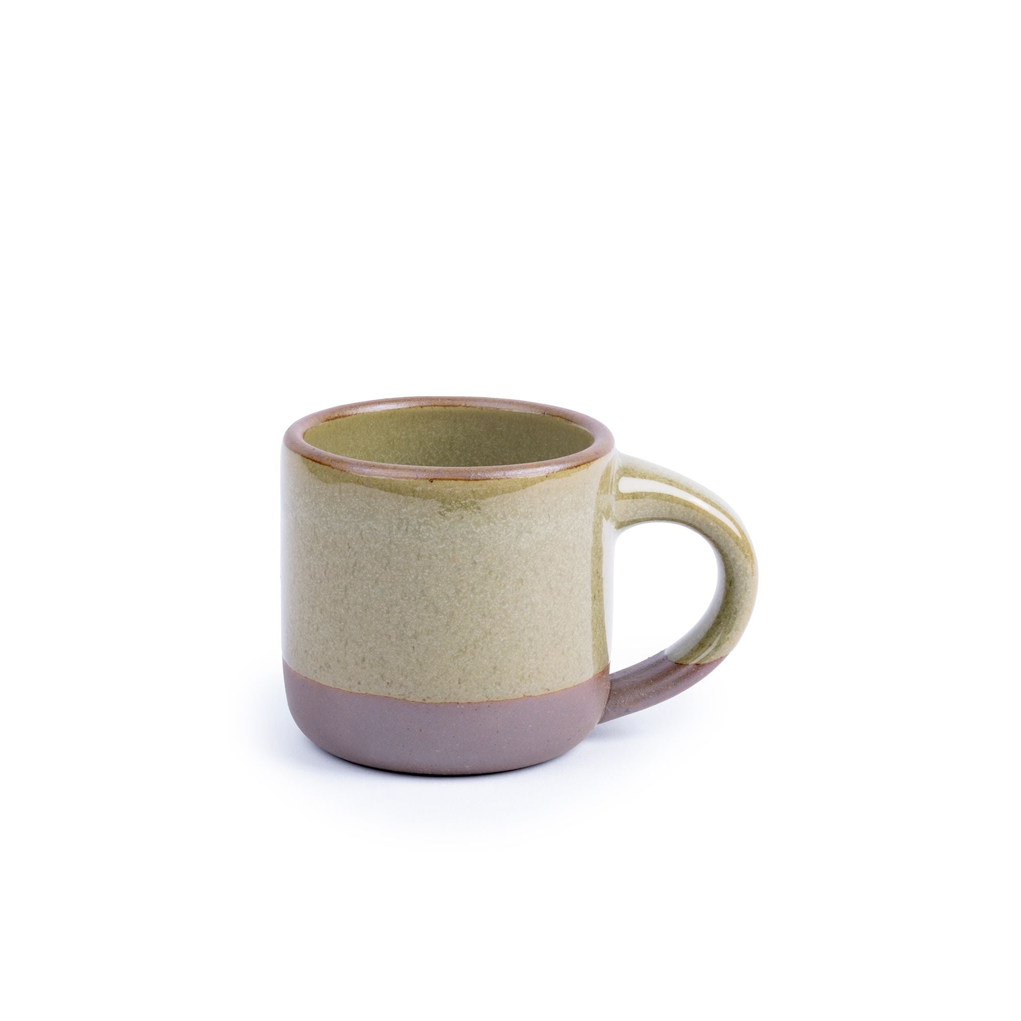 A small sized ceramic mug with handle in a dappled reflective grey-green color featuring an unglazed rim and bottom base.