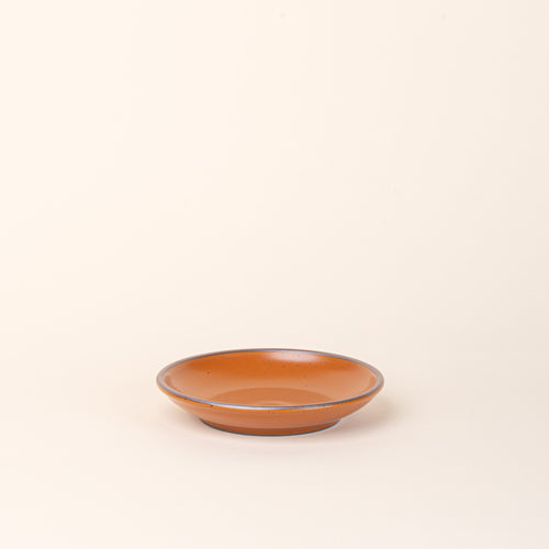 A small ceramic plate with a curved bowl edge in an earthy orange color featuring iron speckles and an unglazed rim.