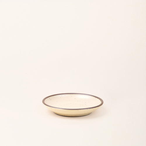 A small ceramic plate with a curved bowl edge in a cream color featuring iron speckles and an unglazed rim.