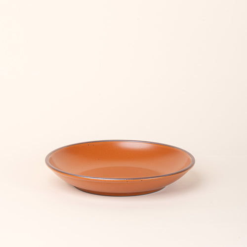 A large ceramic plate with a curved bowl edge in an earthy orange color featuring iron speckles and an unglazed rim.