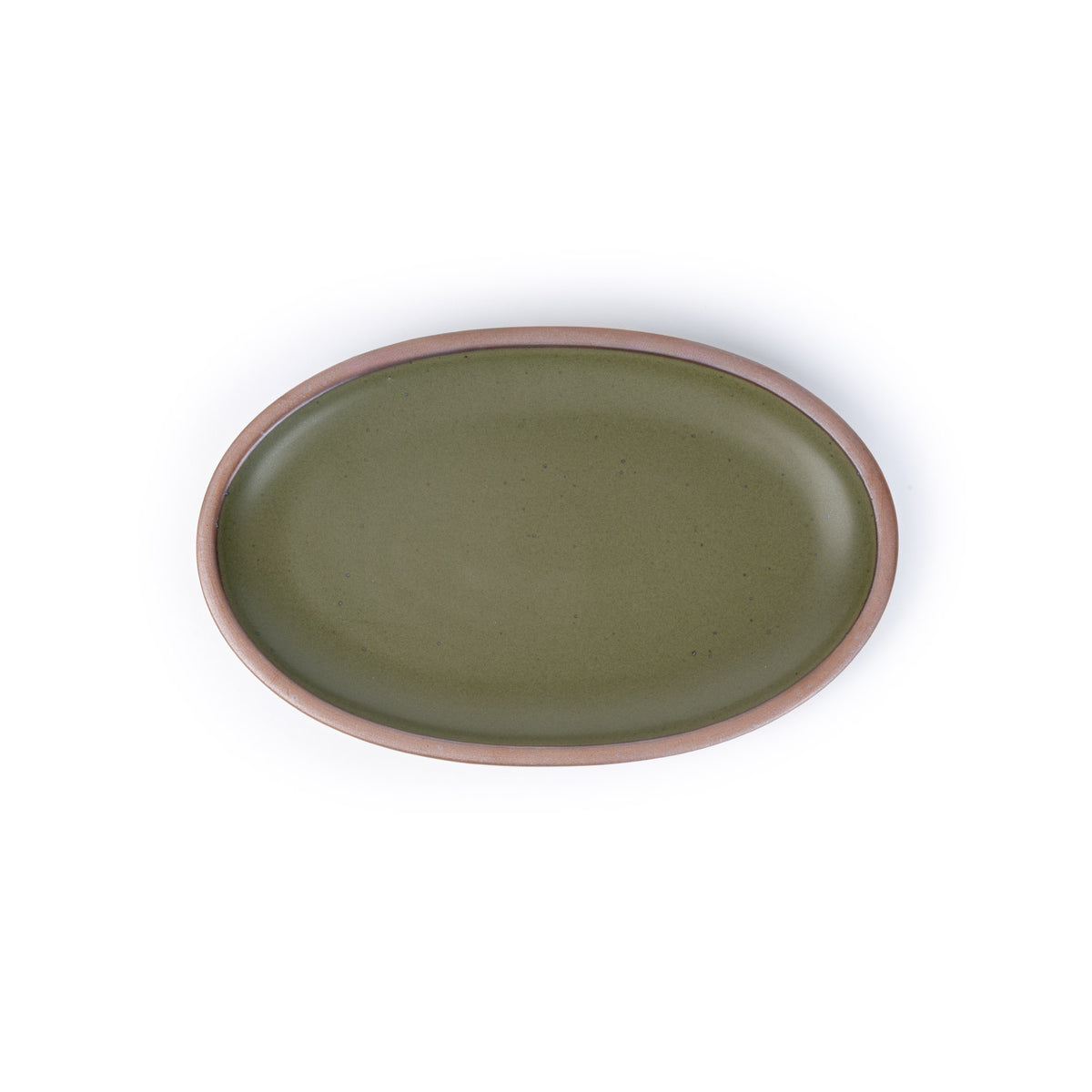 A medium oval ceramic platter in an olive green color featuring iron speckles and an unglazed rim