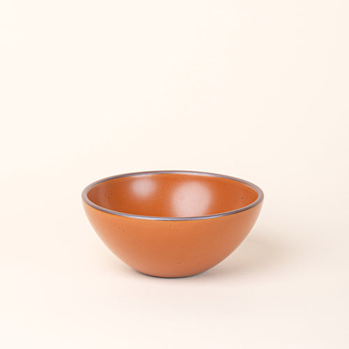 A medium rounded ceramic bowl in an earthy orange color featuring iron speckles and an unglazed rim