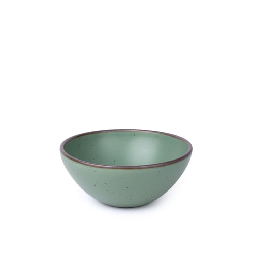 A ceramic bowl with higher sides for soups or stews in a viridian green glaze with a matte finish.