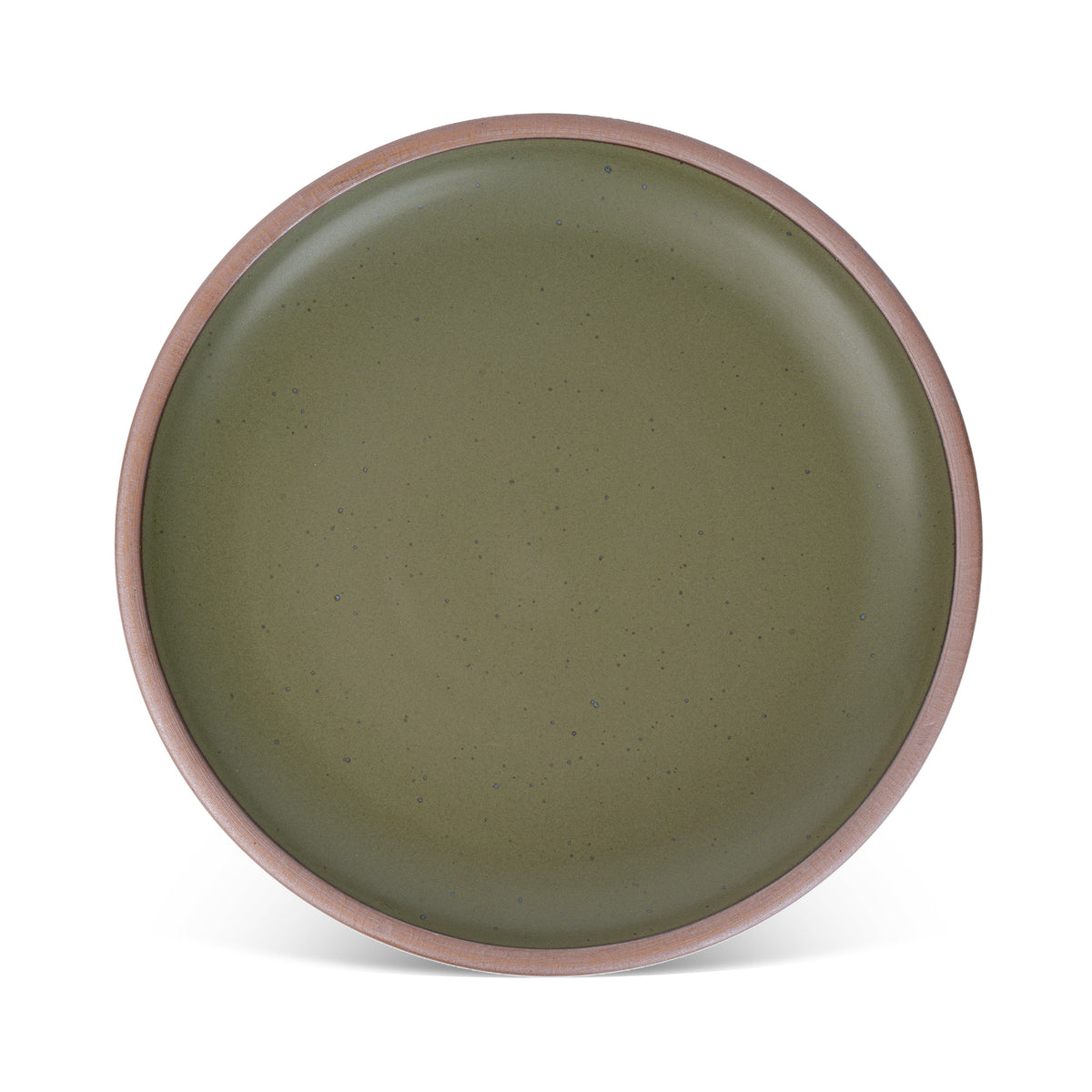 A large ceramic platter in an olive green color featuring iron speckles and an unglazed rim.