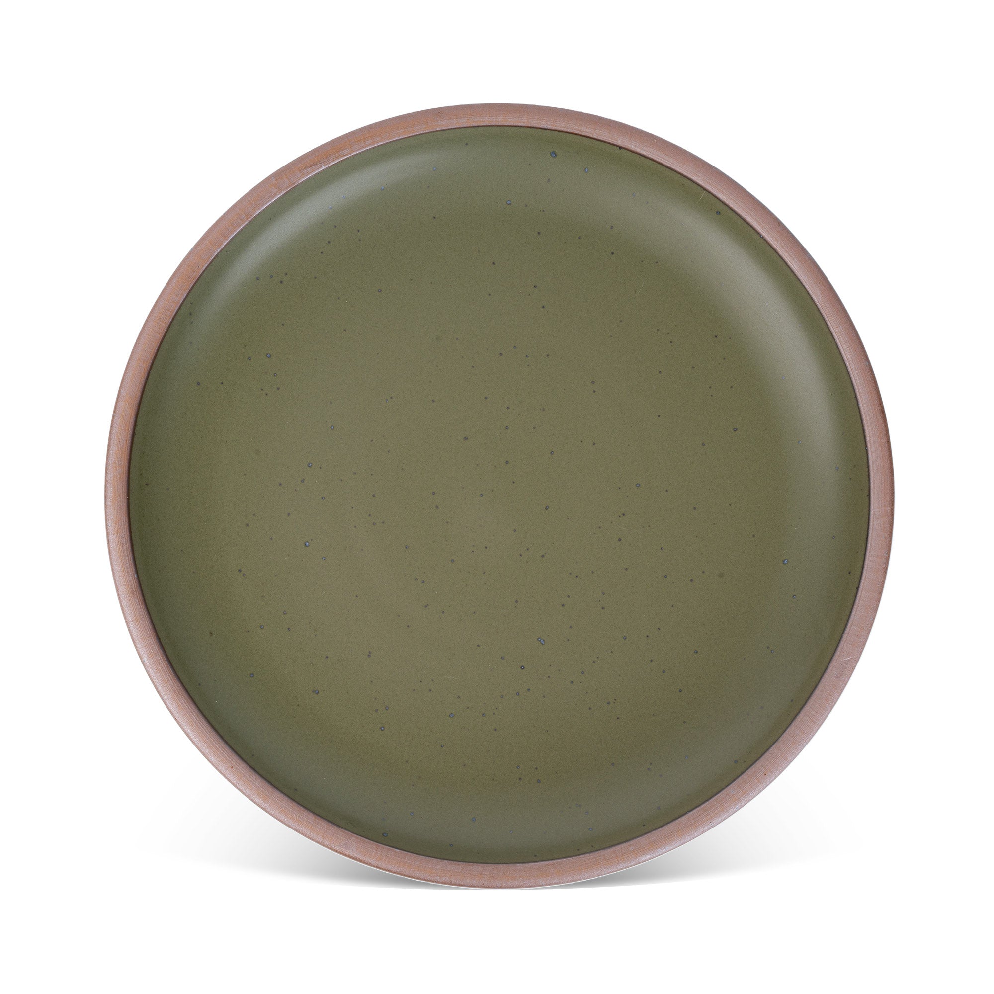A large ceramic platter in an olive green color featuring iron speckles and an unglazed rim.
