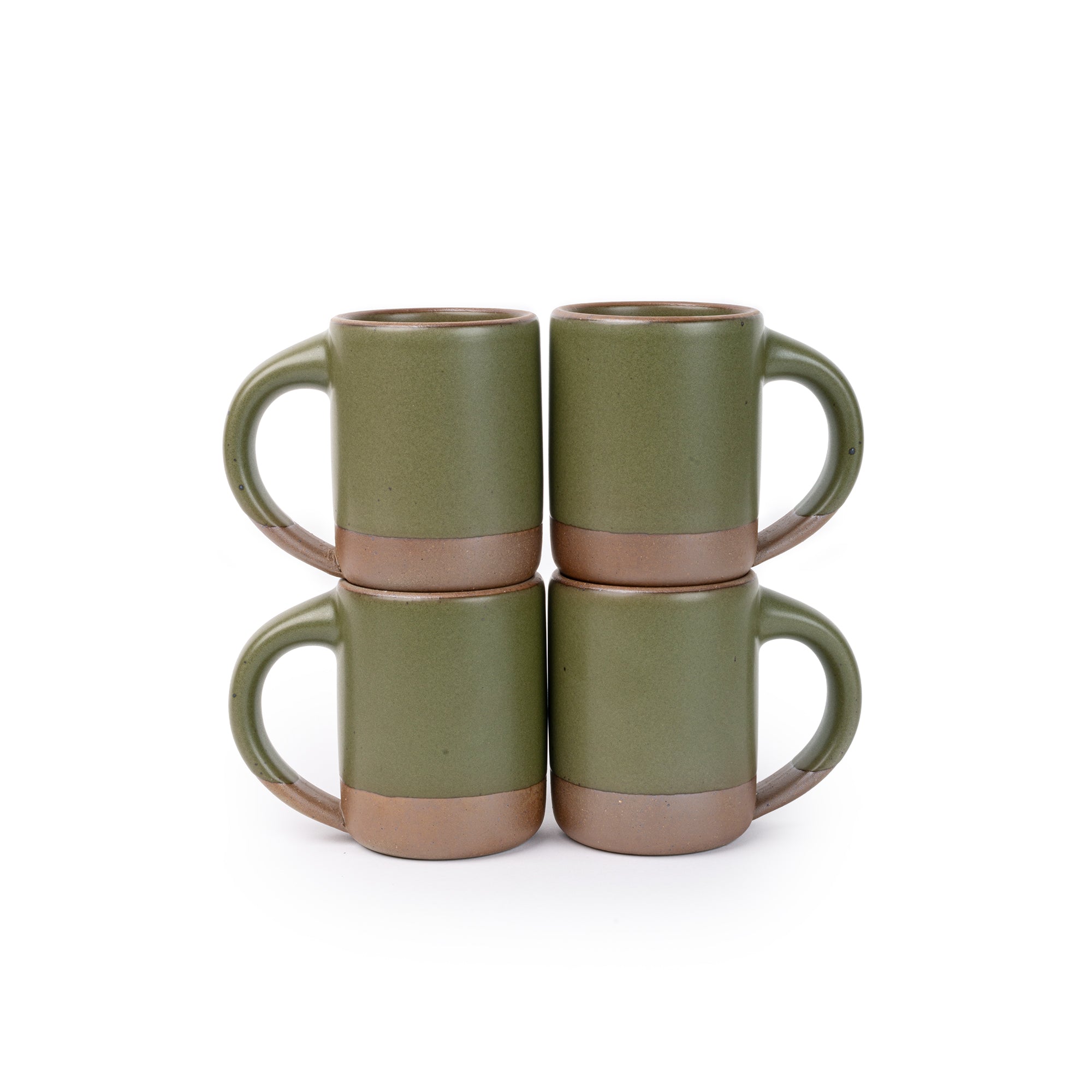 Four medium sized ceramic mugs with handles in an olive green color featuring iron speckles and unglazed rim and bottom base, stacked in sets of 2.