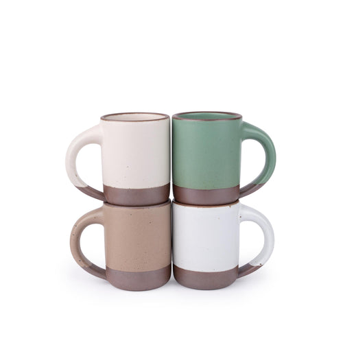 Four ceramic mug with straight sides and a comfortable handle in a viridian green, warm brown, warm white and cool white glazes.