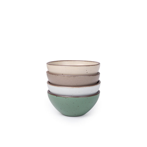 Four small, deep ceramic bowls perfect for two scoops of ice cream in a viridian green, warm brown, warm white and cool white glazes.