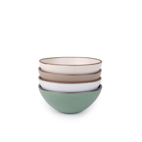Four ceramic bowls with higher sides for soups or stews in a viridian green, warm brown, warm white and cool white glazes.