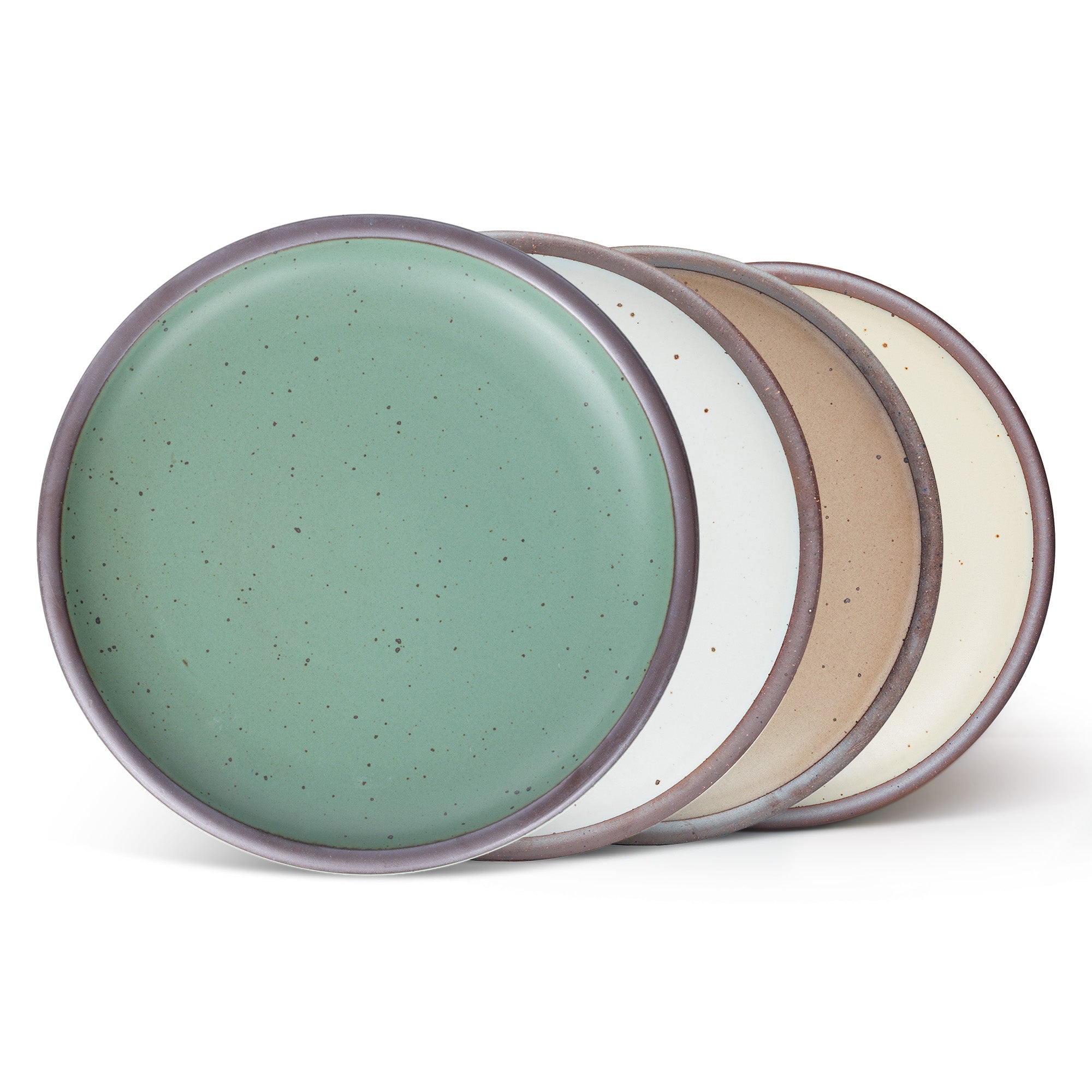 Four ceramic plates with a wide surface and low rims in a viridian green, warm brown, warm white and cool white glazes.