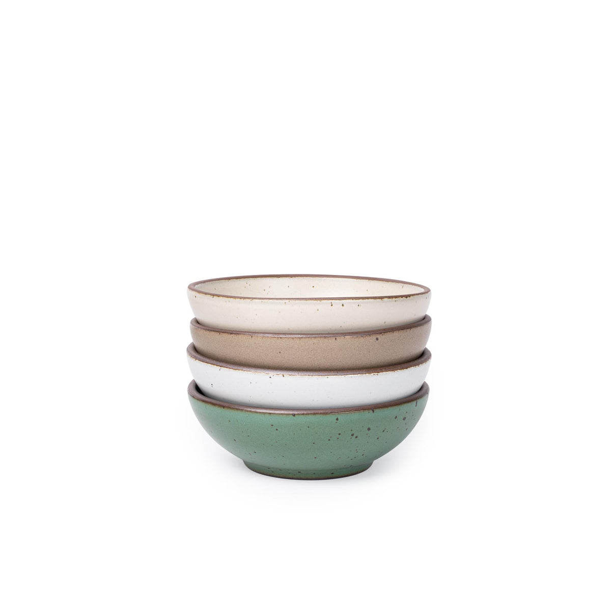 Four shallow ceramic bowls for cereal or yogurt in a viridian green, warm brown, warm white and cool white glazes.