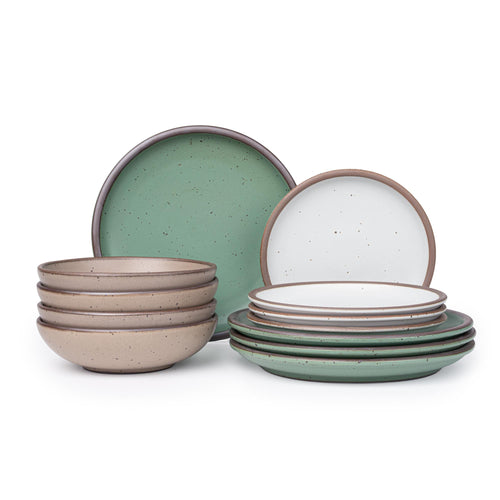 A 12-piece dinnerware set with four bowls, four dinner plates and four side plates in a viridian green, warm brown, warm white and cool white glazes.
