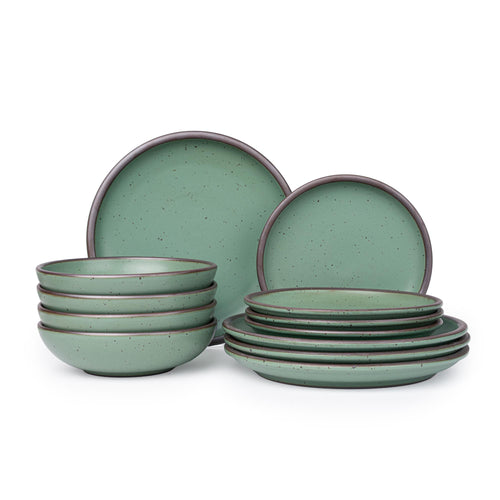 A 12-piece dinnerware set with four bowls, four dinner plates and four side plates in a viridian green glaze with a matte finish.