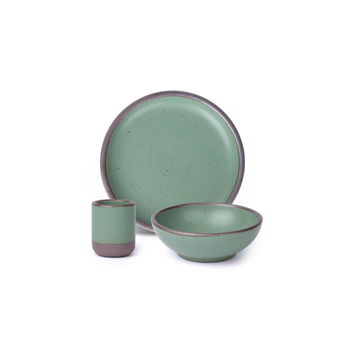 A 3-piece tablesetting with a small plate, small bowl and tiny cup in a viridian green glaze with a matte finish.