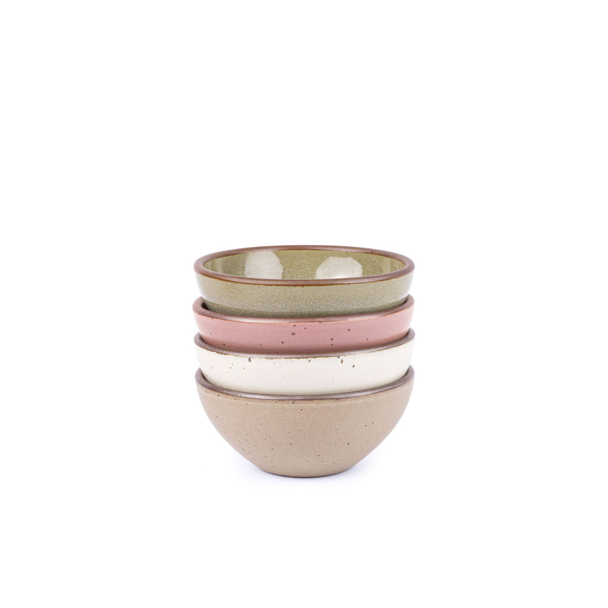 A stack of 4 small dessert sized rounded ceramic bowls in a reflective dappled grey-green, warm off-white, dusty mauve pink and warm pale brown colors featuring iron speckles and an unglazed rim