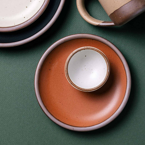 A small dessert sized ceramic plate in a cool terracotta color with a tiny white bowl sitting on it.