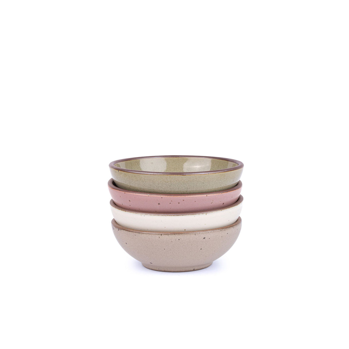 A stack of 4 small shallow ceramic bowls in a reflective dappled grey-green, warm off-white, warm pale brown, dusty mauve pink colors featuring iron speckles and an unglazed rim