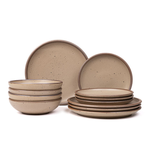 4 ceramic dinner plates, 4 side plates, and 4 shallow dinner bowls in a warm pale brown color with iron speckles and unglazed rims.
