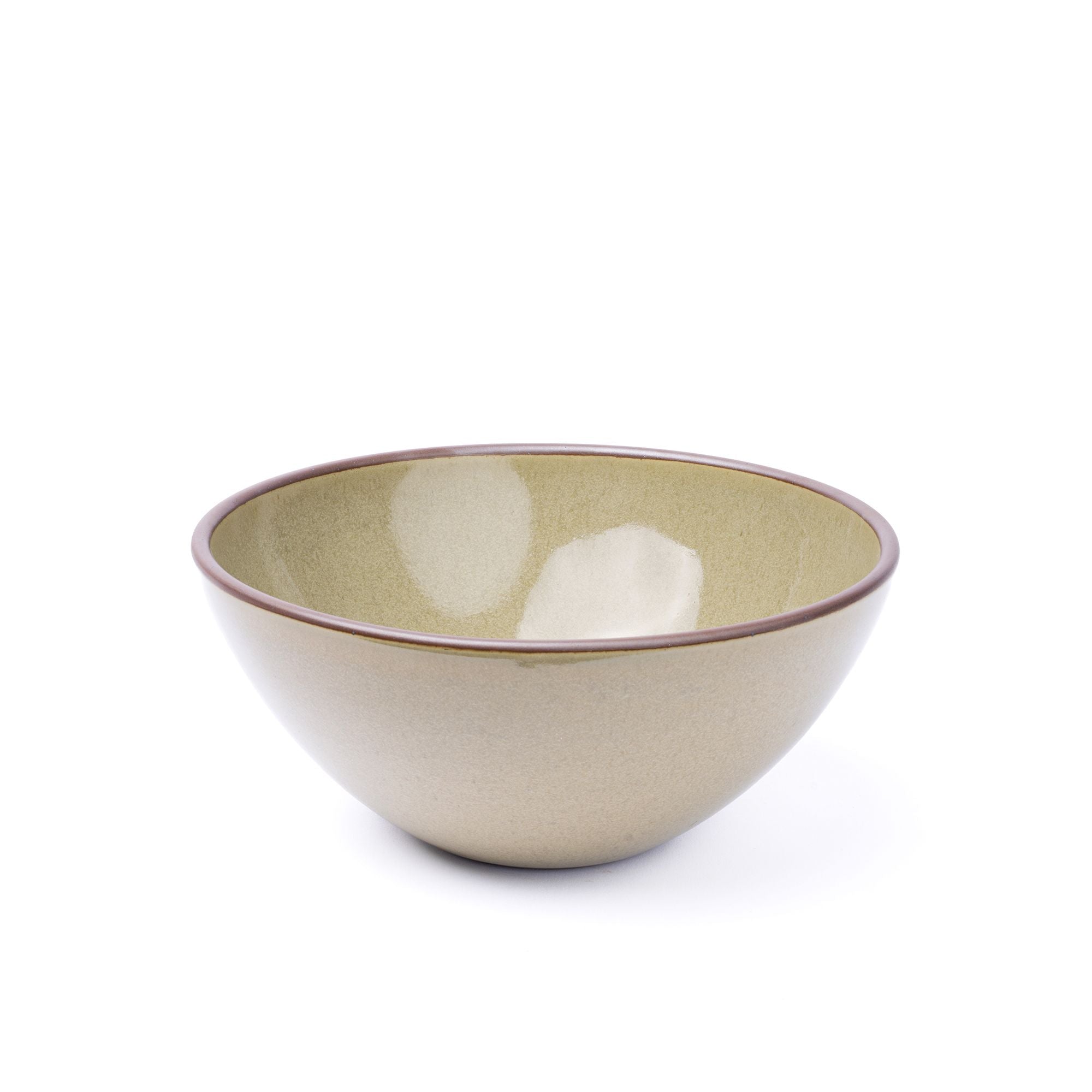 A large rounded ceramic bowl in a reflective dappled grey-green color featuring an unglazed rim