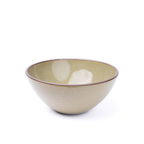 A large rounded ceramic bowl in a reflective dappled grey-green color featuring an unglazed rim