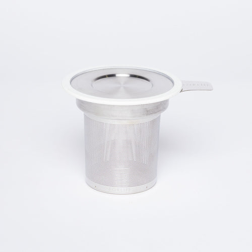 Extra-fine stainless-steel infuser with cylinder base and white silicone lined steel top