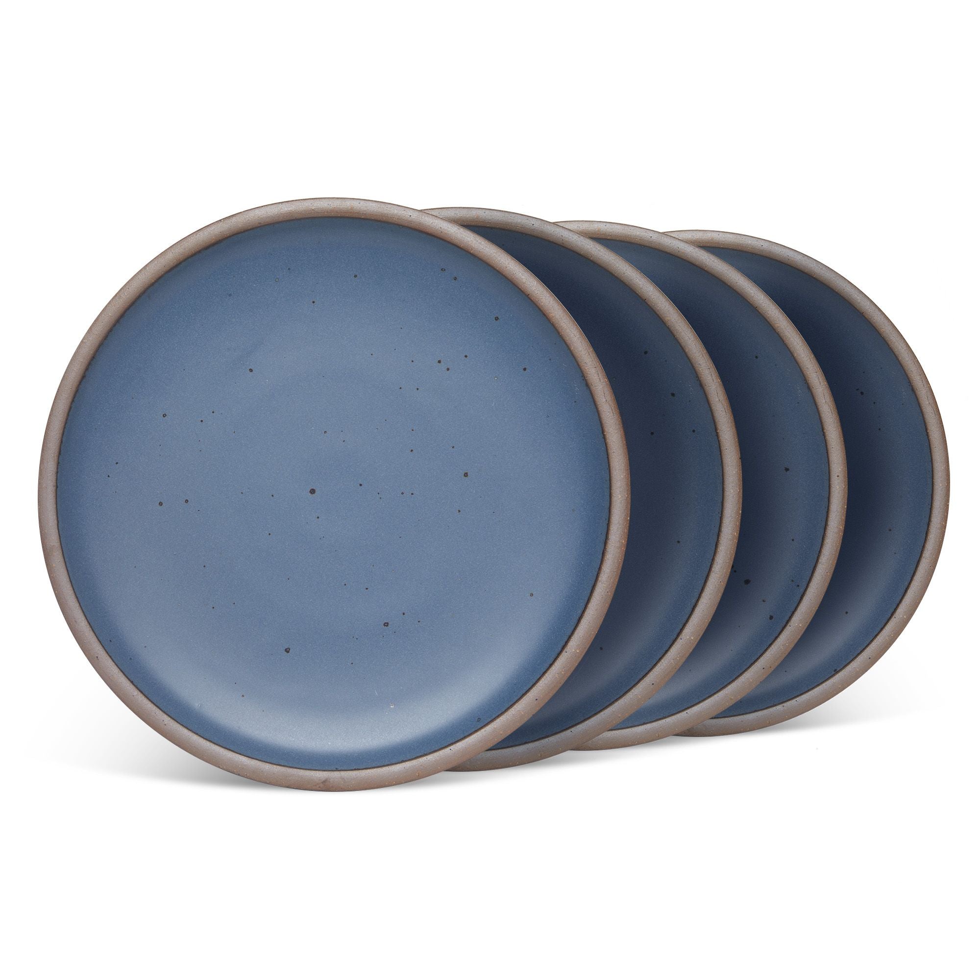 4 dinner sized ceramic plates in a cool, medium blue color featuring iron speckles and an unglazed rim
