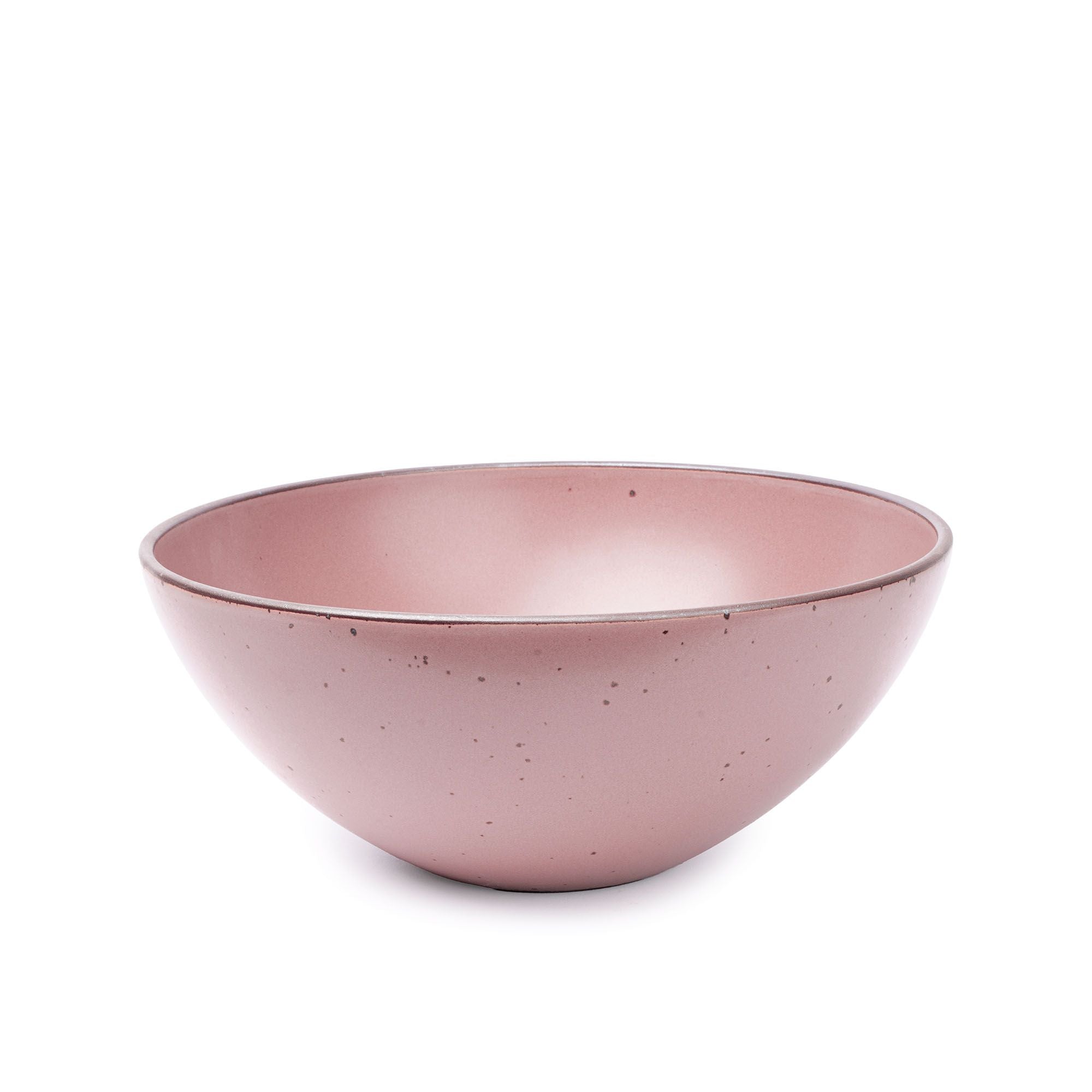 A large ceramic mixing bowl in a dusty mauve pink color featuring iron speckles and an unglazed rim