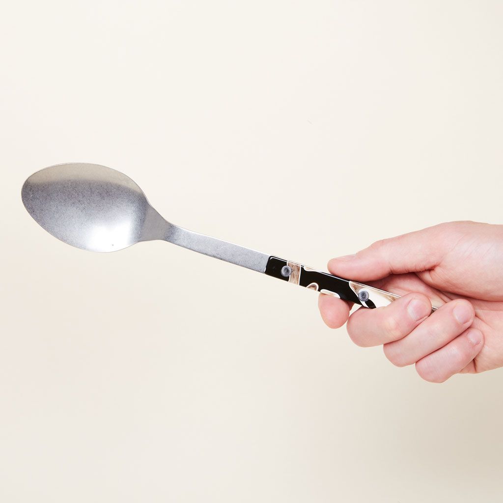 A long-handled serving spoon in silver, black and brown, held in a hand