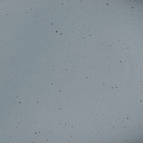 A closeup of a ceramic plate in a blue-grey color with iron speckles throughout