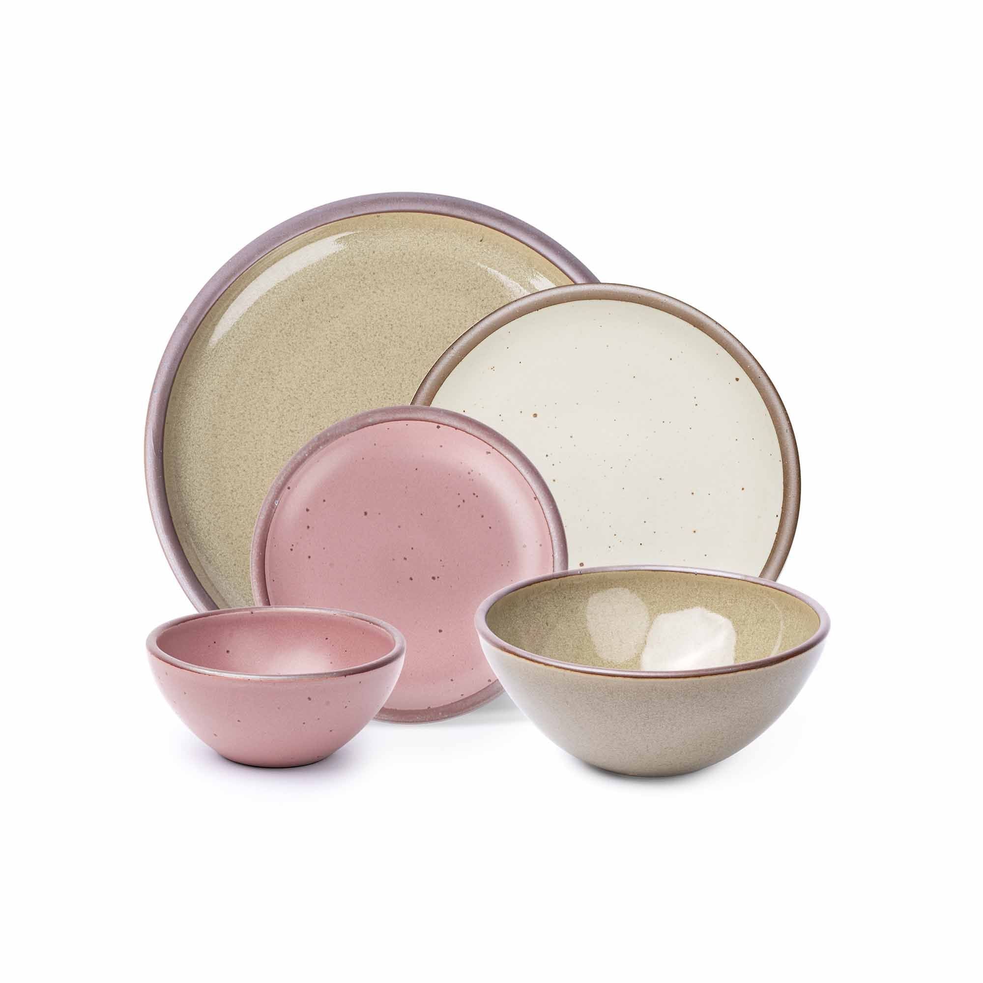 A a soup bowl and dinner plate in a reflective dappled grey-green, a side plate in warm off-white, and a cake plate and ice cream bowl in a dusty mauve pink color.