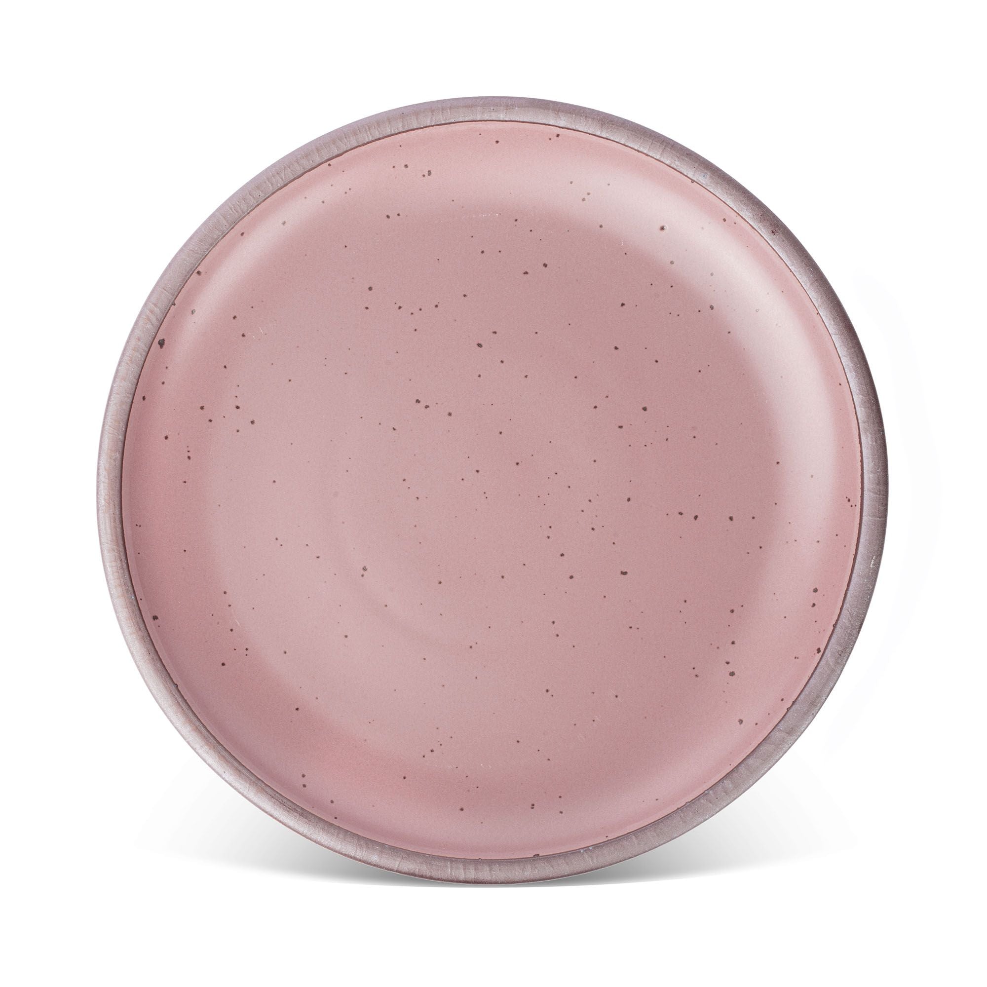 A large ceramic platter in a dusty mauve pink color featuring iron speckles and an unglazed rim.