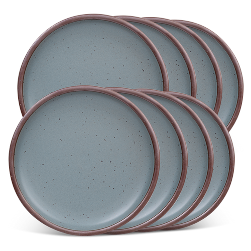 8 dinner sized ceramic plates in a blue-grey color featuring iron speckles and an unglazed rim