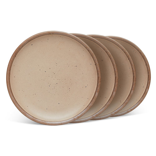 4 dinner sized ceramic plates in a warm pale brown color featuring iron speckles and an unglazed rim