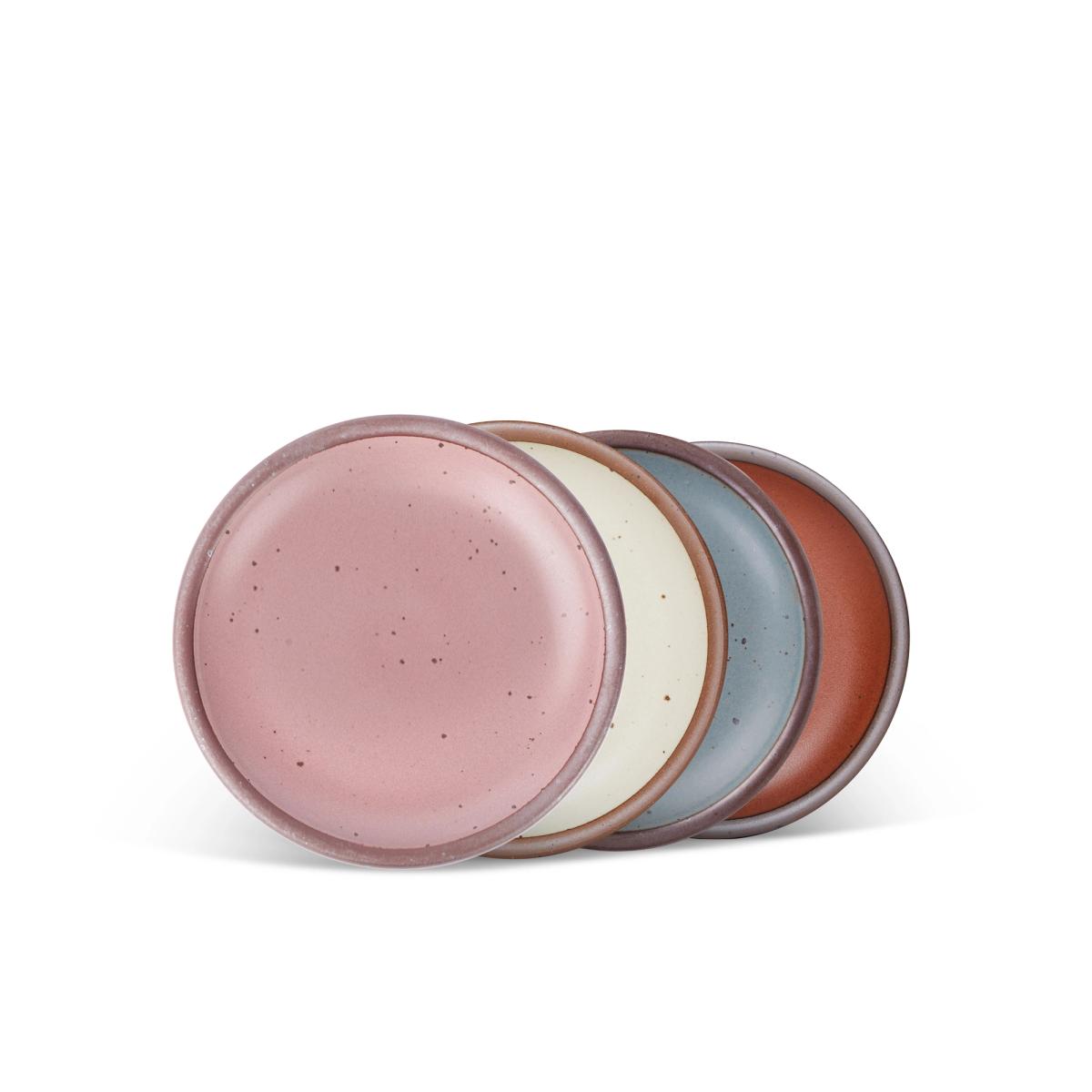 4 dessert sized ceramic plates in a cool terracotta, warm off-white, dusty mauve pink and blue-grey color featuring iron speckles and an unglazed rim.